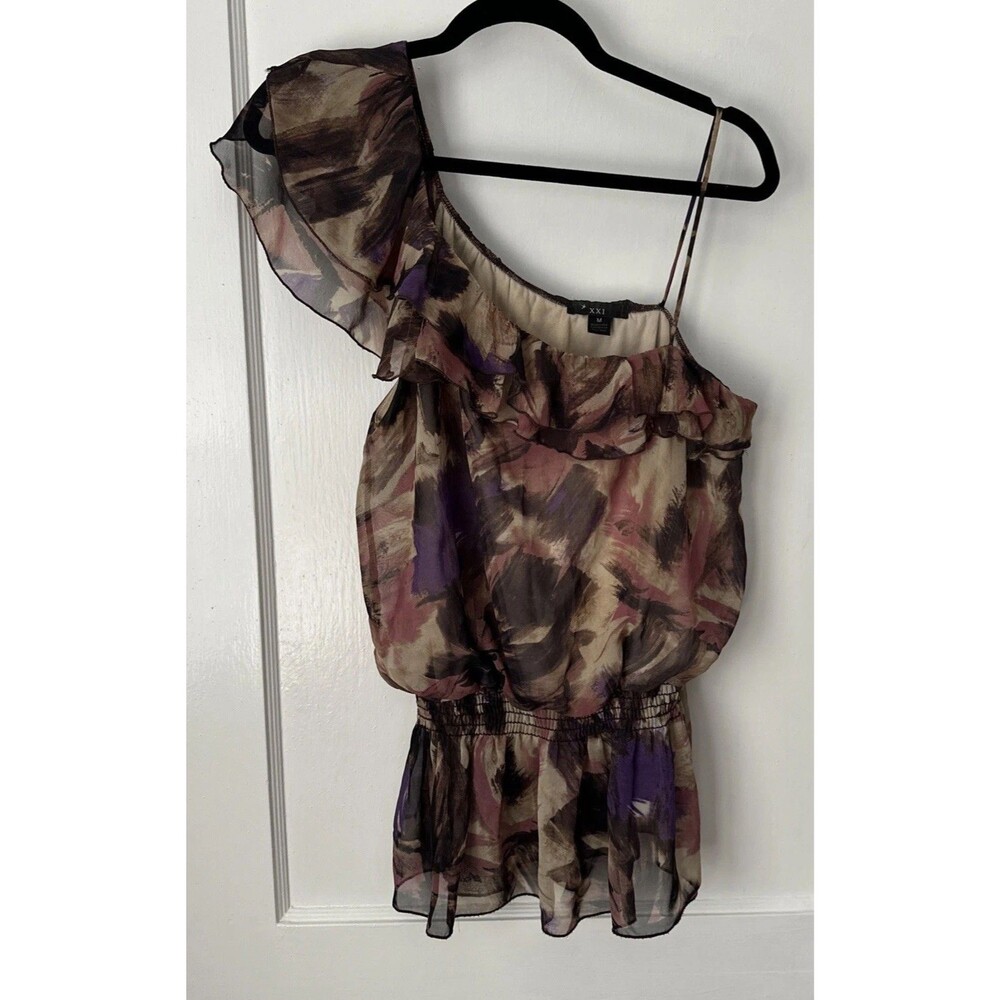 One Shoulder Blouse Womens Medium Abstract Print Ruffle Elastic Waist